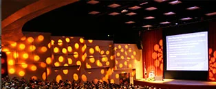 Speaker presenting on stage to a full auditorium